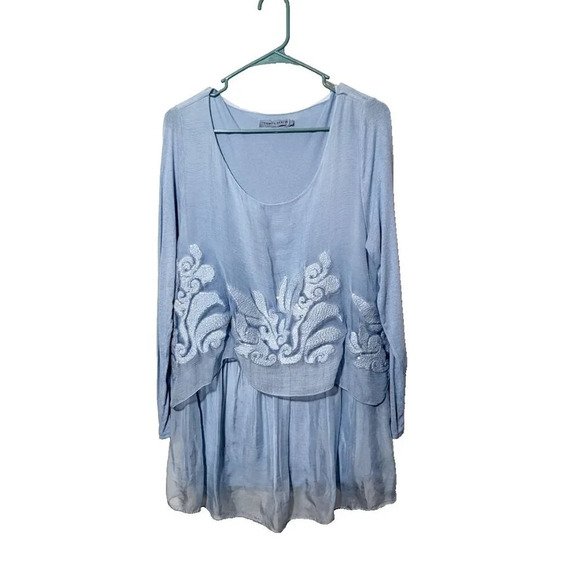 Tempo Paris Silk Blouse L Blue Layered Embroidered Boho Lagenlook Italian Made - Picture 1 of 13